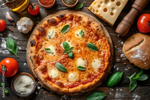Cheese, Spices Served on Rustic Wooden Table - Flat Lay Style. Italian Pizza Margheritafood