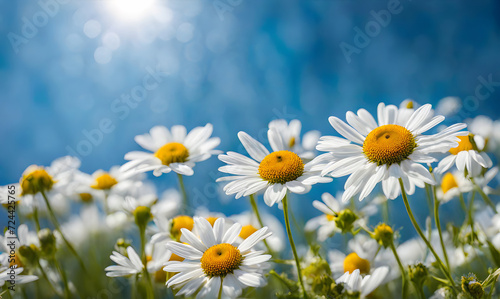 Sunny spring field: Vibrant camomile flowers under the sun © karandaev