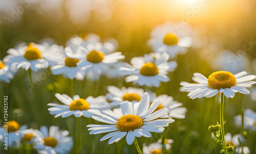 Sunny spring field  Vibrant camomile flowers under the sun