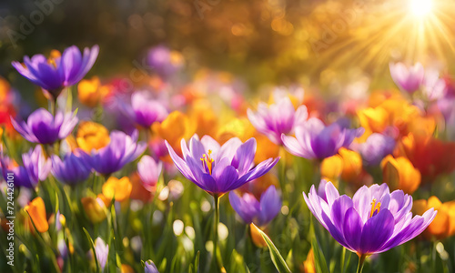 Sunny spring field: Vibrant flowers under the sun