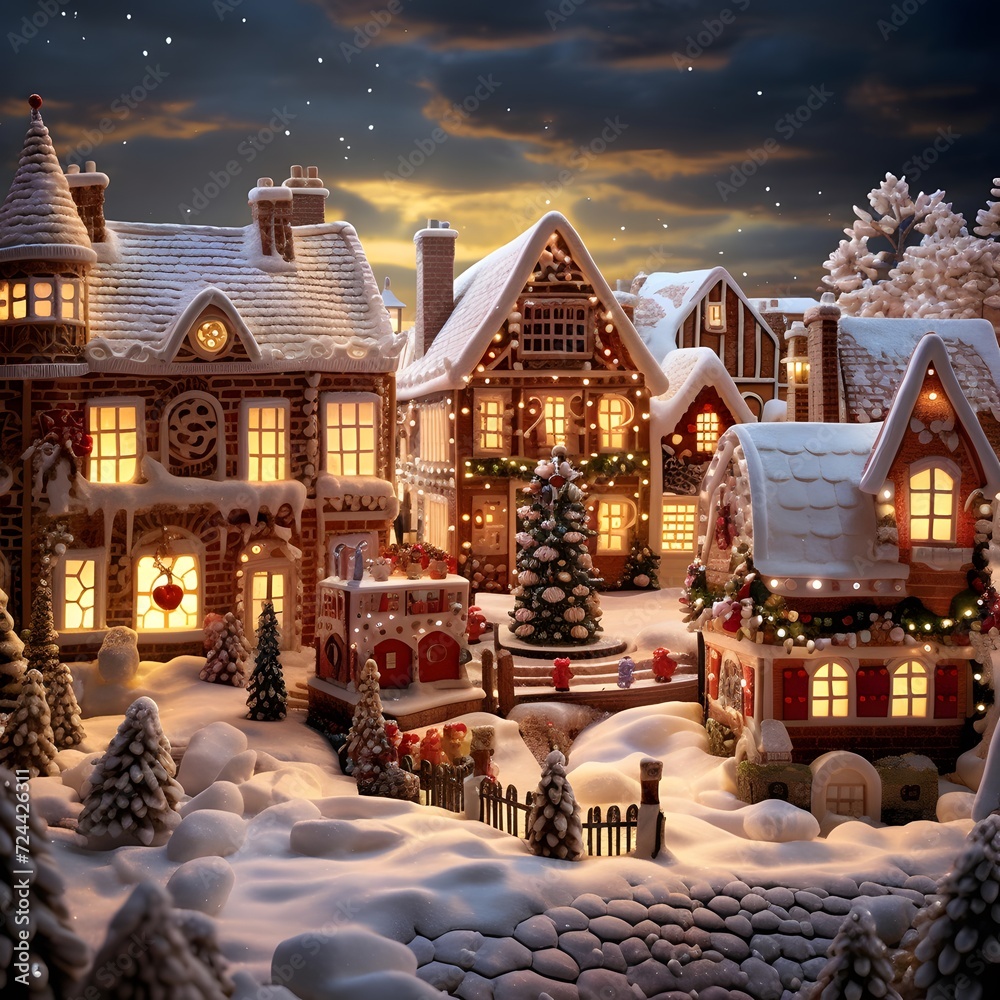 Christmas and New Year holidays background. Winter village with houses, trees and snowflakes. 3d illustration