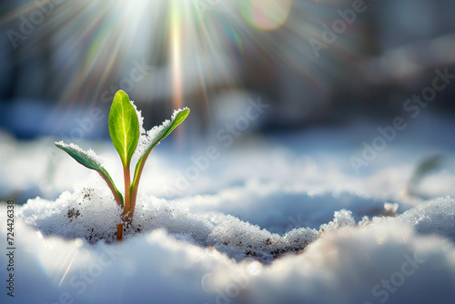 Close up of young green sprout emerging from snowy frozen ground in sunlight. Season concept of winter and spring. photo