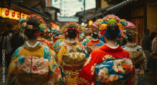 Procession of Geishas in Colorful Kimonos on Kyoto Street