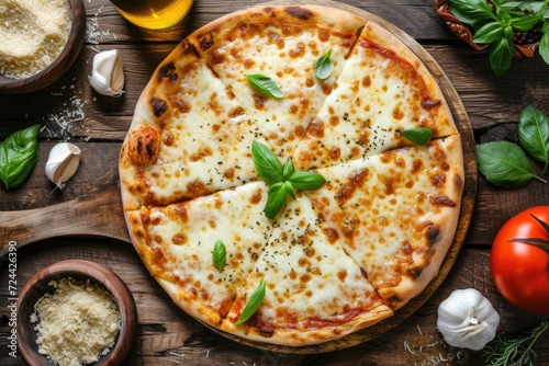 Cheese, Spices Served on Rustic Wooden Table - Flat Lay Style. Italian Pizza Margheritafood