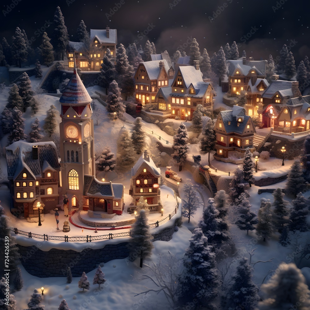 A 3D render of a small town in the snow at night.