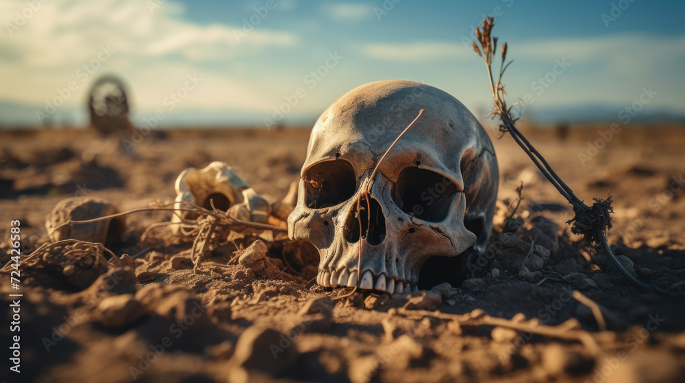 Human skull on Land with dry and cracked ground. Desert. Global warming background - obrazy, fototapety, plakaty 