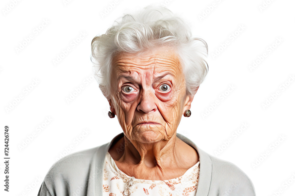 Elderly woman grandmother screams in angry anger, aggressively disappointed, white background isolate. Elderly woman grandmother screams in angry anger, aggressively disappointed, white background isolate.