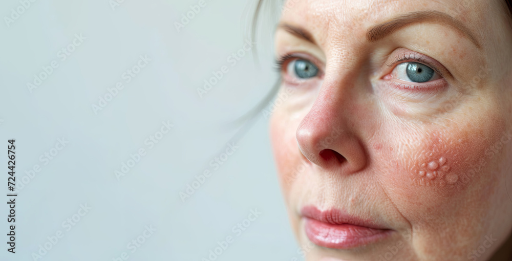 Close-up of a Woman's Face with Rosacea Symptoms. The detailed image ...