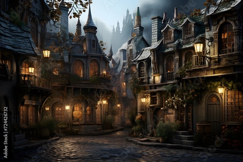 Halloween scene with haunted houses in the old town, 3d render