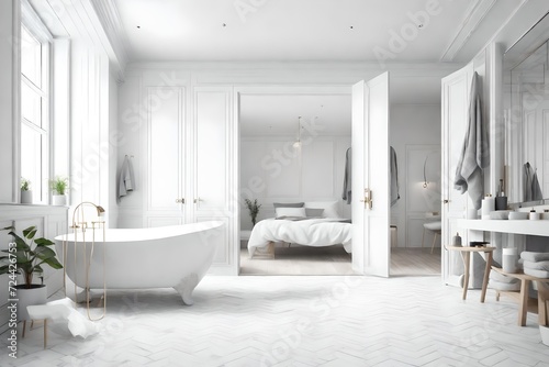 Minimalist scandinavian white and gray bathroom with bedroom in the background  classic interior design  3d illustration