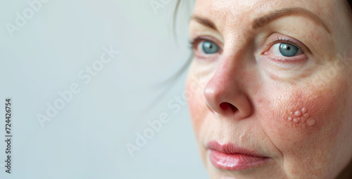 Close-up of a Woman's Face with Rosacea Symptoms. The detailed image captures the textured skin and reddened cheeks indicative of the common dermatological condition photo