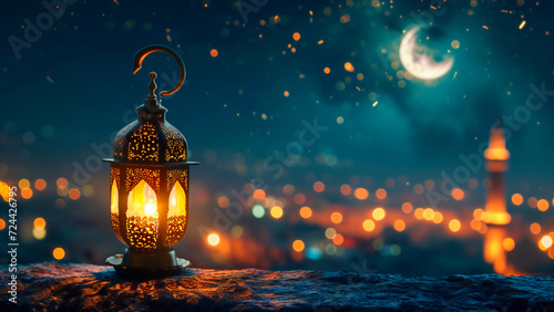 Vintage lamp in the night, Eid Mubarak celebration concept photo