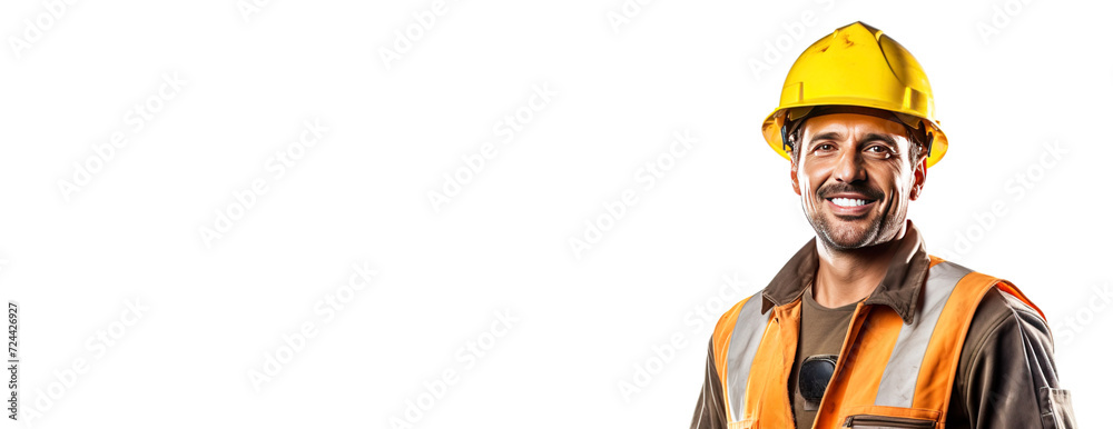 Close-up of a smiling male road worker in uniform, helmet, special clothing, white background isolate. Close-up of a smiling male road worker in uniform, helmet, special clothing, white background isolate.