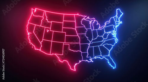 Political Divide: USA Map in Neon Lights Illustrating Bipartisanship. The contrasting red and blue neon outlines of the United States map symbolize the nation's political landscape and the concept of  photo
