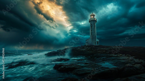 An eerie illustration of an old lighthouse under a stormy sky