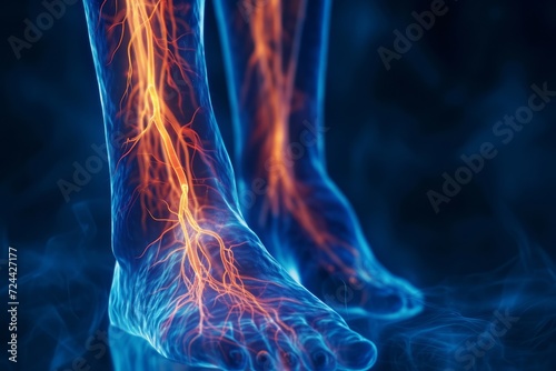 Close-up of leg with varicose veins disease. Glowing image photo