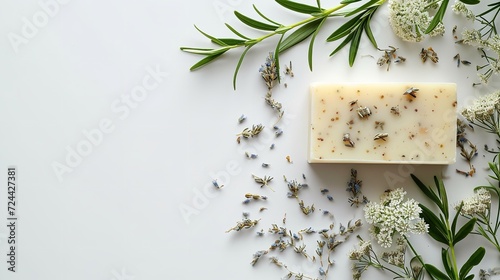Handcrafted, natural soap bars with a white backdrop and fragrant herbs and vines graced, Generative AI.
