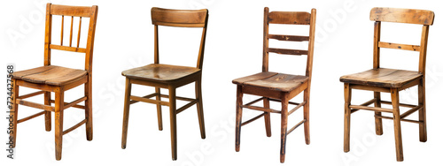 Collection of old, wooden chairs isolated on transparent background.