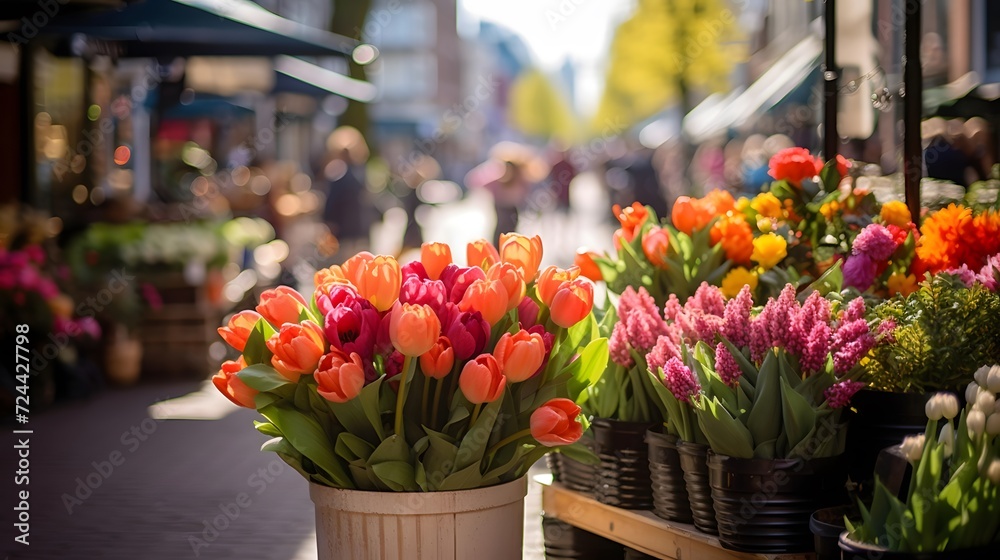 Colorful tulips on a market stall in Strasbourg, France