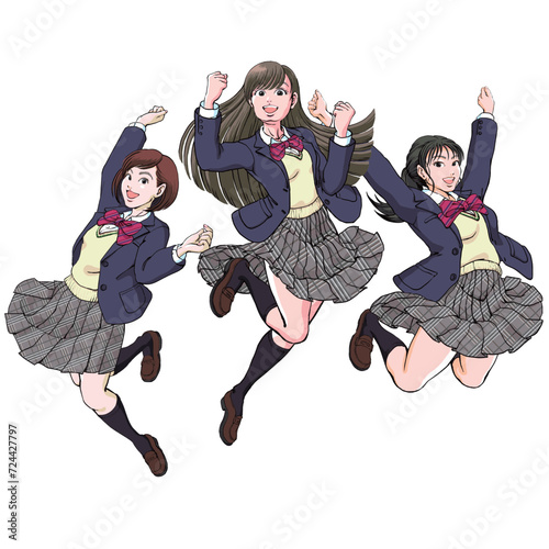 ジャンプして喜びを表現する三人の女子高生_背景無し