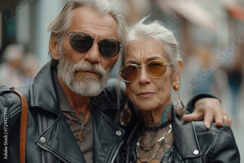 aged couple crossing the street, leather jacket, face tattoed, modern haircut