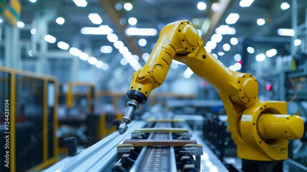 A seamless synergy of technology and manufacturing, a robotic arm performs with precision in an automotive assembly factory. The future of industry 4.0. Created with generative AI technology