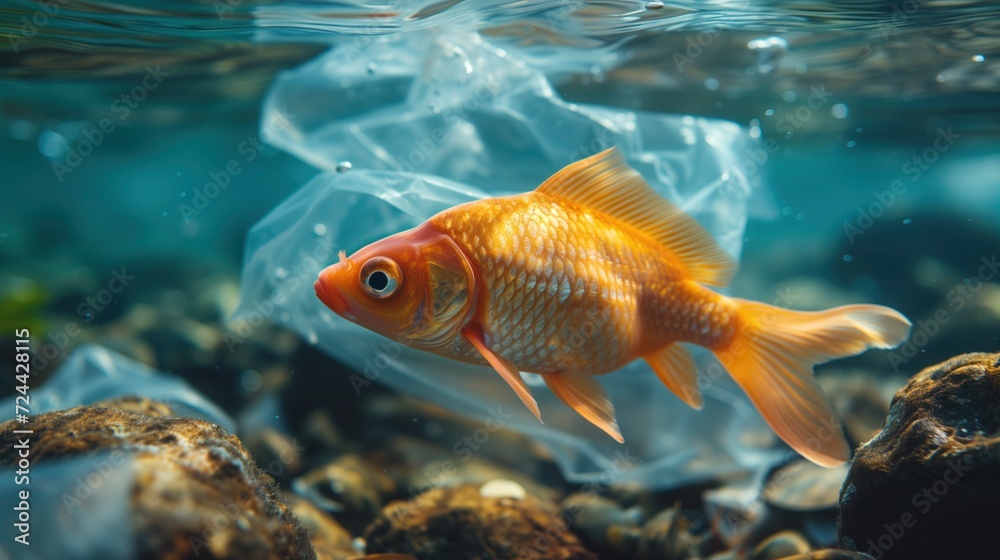 fish swims near a plastic bag, plastic pollution ocean fish swims near a plastic bag, plastic pollution ocean