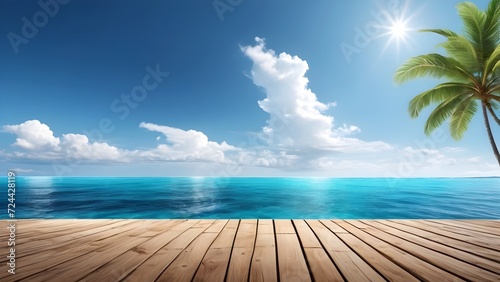 sea beach and empty wooden floor for use banner, nature seascape view of beautiful tropical beach and sea in sunny day.