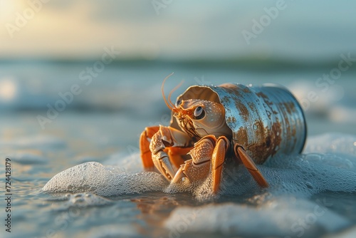 crab with shell, shell made from metal can. crab living in metal trash