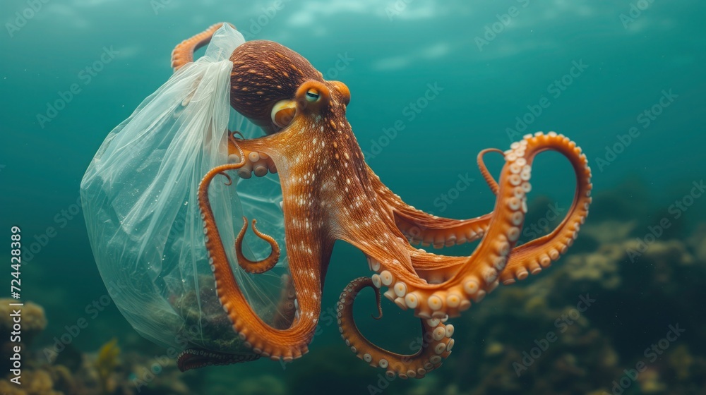octopus and metal, plastic trash in ocean, pollution danger - obrazy, fototapety, plakaty 