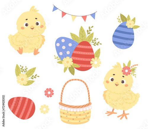 Easter collection. Little cute chickens, basket, decorative eggs, flowers and garland. Isolated holiday symbols on white background. Vector illustration. Kids collection.