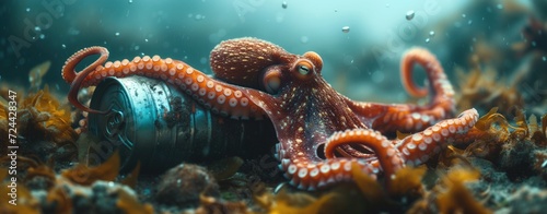 octopus and metal can trash in ocean, pollution danger