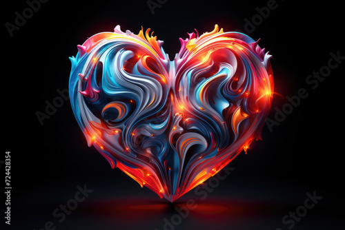 Heart 3d art on a black background with multicolored lights. Isolated background  illustration.
