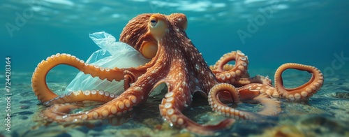 octopus and metal, plastic trash in ocean, pollution danger