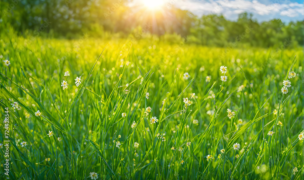 Dew kissed spring grass field, a fresh scene