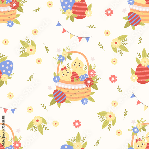 Seamless pattern with little cute chicks in Easter basket with eggs and flowers on white background. Vector illustration for paschal design, wallpaper, packaging, textile. Kids collection.