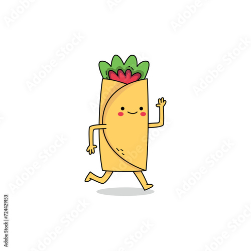 Cute burrito cartoon character running doodle