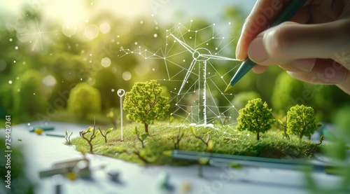 a person drawing wind turbine graph behind trees and plants,Innovative Sustainable Energy Concept with Greenery.  photo