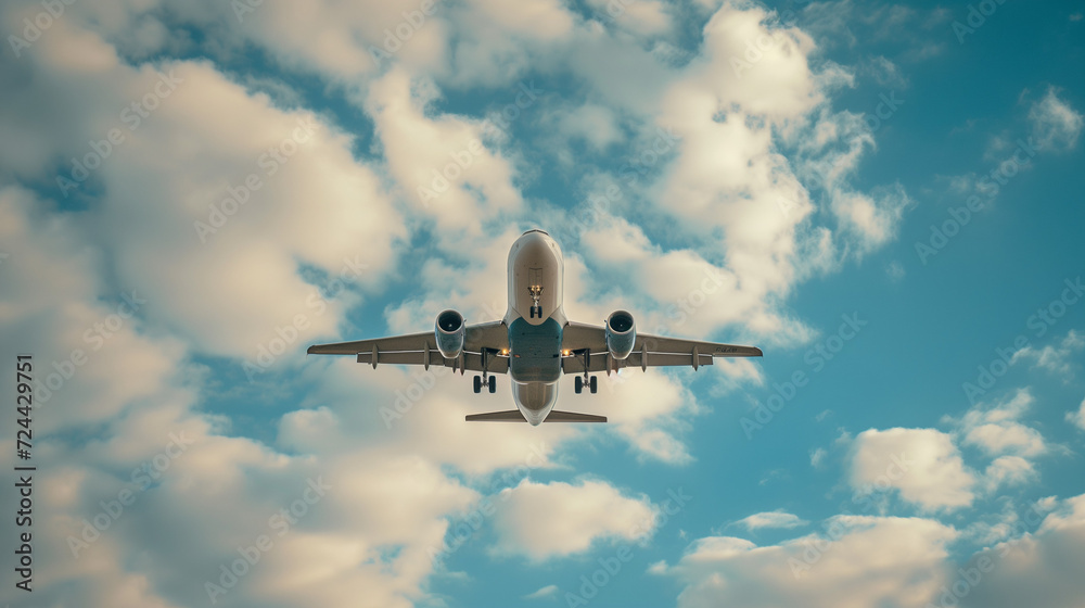 White passenger airplane flying in the sky amazing clouds in the background White passenger airplane flying in the sky amazing clouds in the background