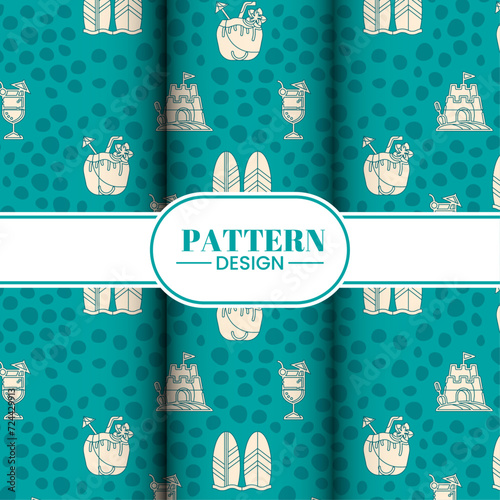 summer seamless pattern background with cocktail glasses and abstract beach landscape. Summer template for wrapping paper, wallpaper and cards design