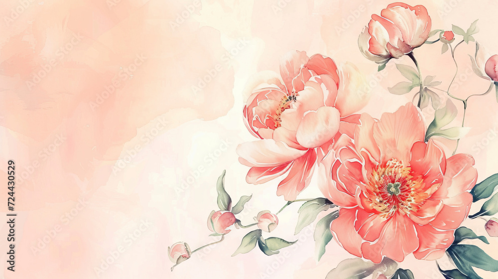 Hand drawn peony wlowers on peach watercolor background for mother day greeting card template, free copy space
