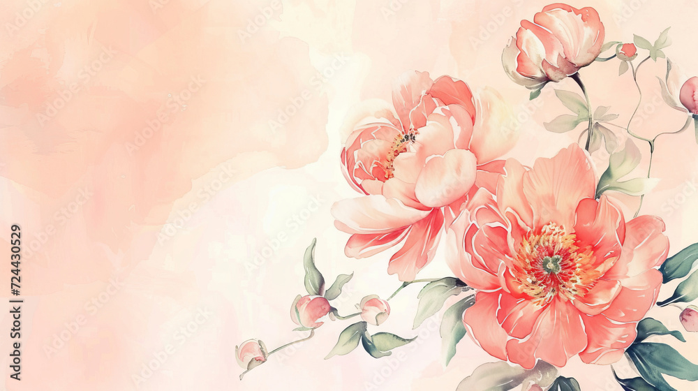 Hand drawn peony wlowers on peach watercolor background for mother day greeting card template, free copy space Hand drawn peony wlowers on peach watercolor background for mother day greeting card template, free copy space