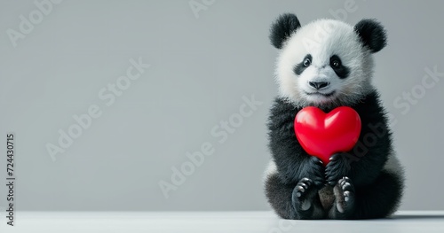 On a white backdrop, a cuddly panda holding a crimson heart, big copy space, Generative AI.