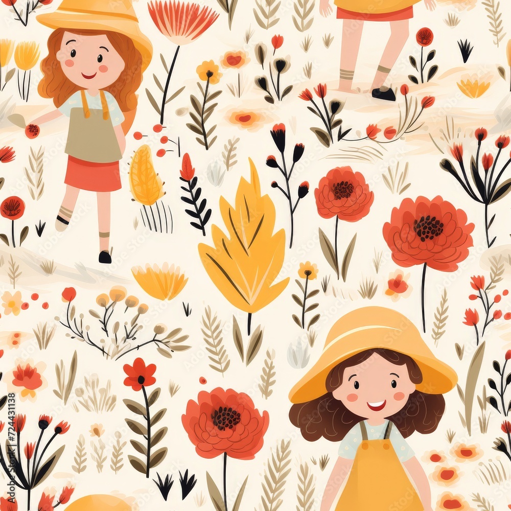 Girls in Yellow Dress and Hat in Field Girls in Yellow Dress and Hat in Field