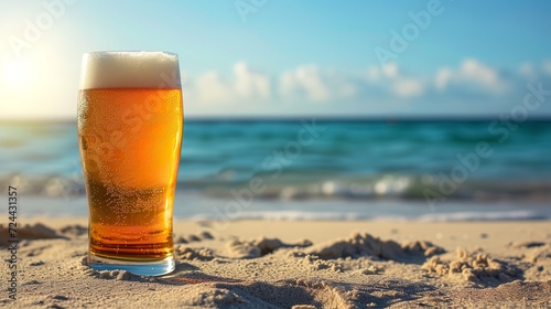 On the sands of the seashore, there's a glass of light beer with sparkles and foam, space, Generative AI.