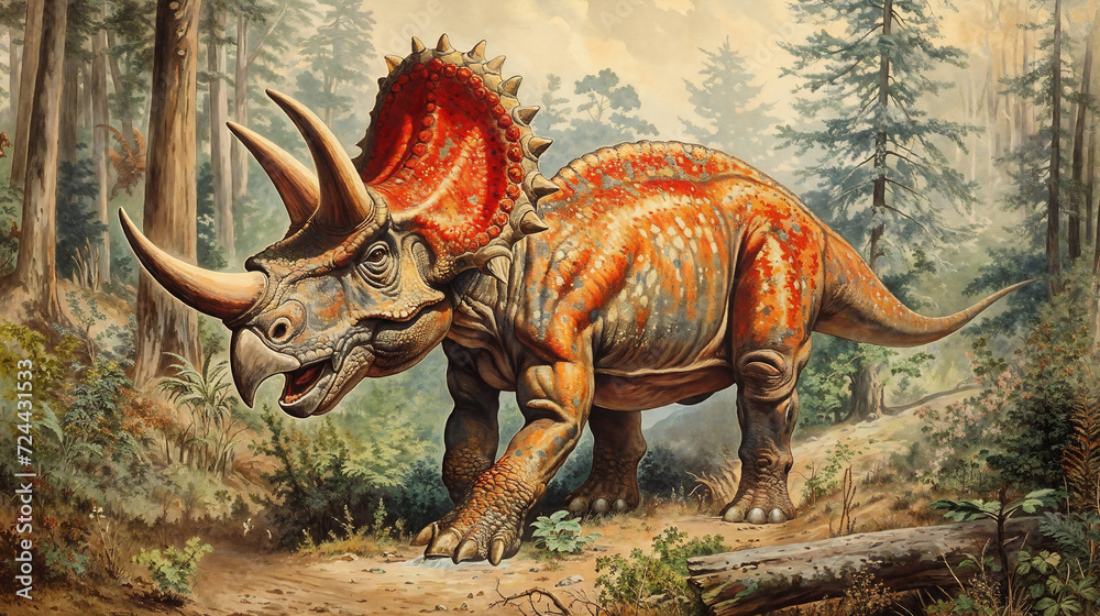 Fototapeta premium Triceratops ancient horned dinosaur, antique old colored style art. Generative AI image.