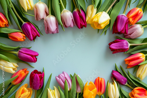 Women's Day Website Background or March 8 Postcard Featuring a Symphony of Colorful Tulips on a Serene Pale Blue Background - A Soft and Elegant Design with a Perfect Space for Heartfelt Messages