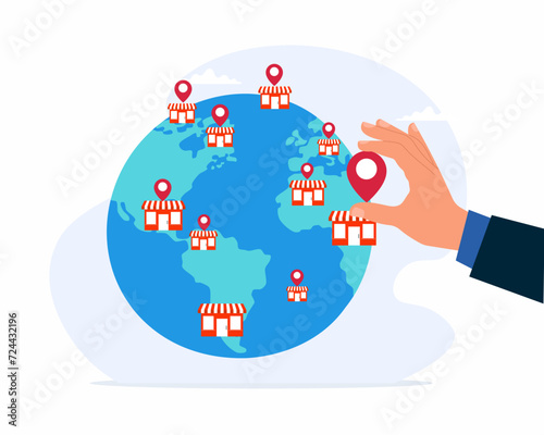 Businessman put new store branch pin on world map across global open new branch of store vector illustration
