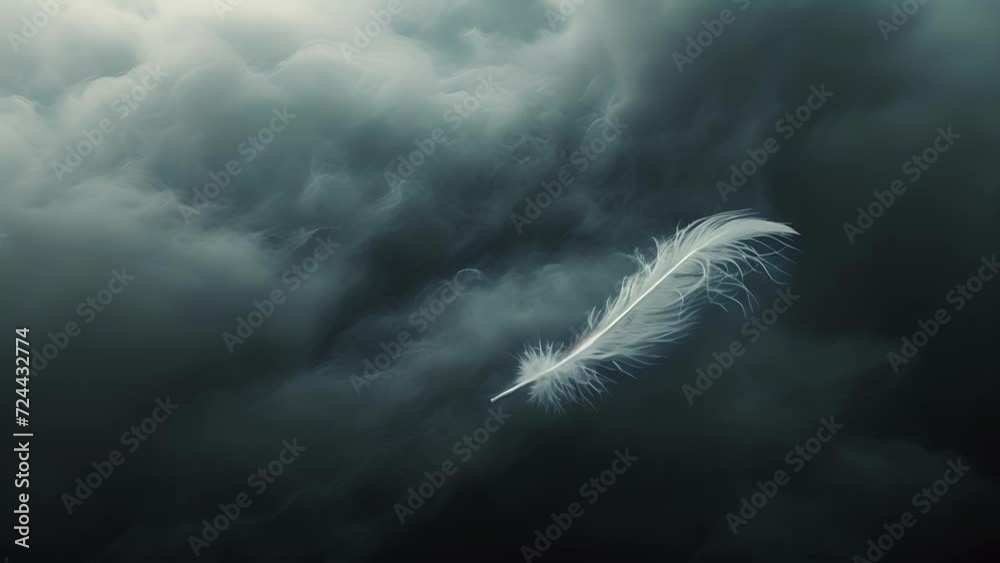 A single feather from a fallen angel drifting aimlessly through a dark and foreboding storm cloud.