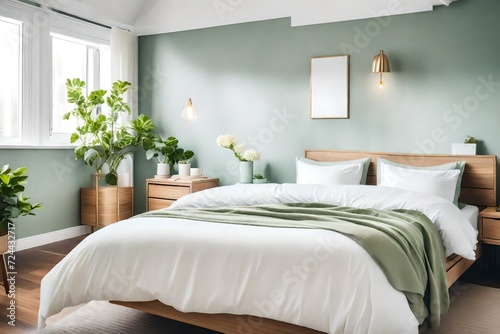 A bright bedroom interior with sage green and white bedding  pillows on bed and a drawer nightstand. Real photo.